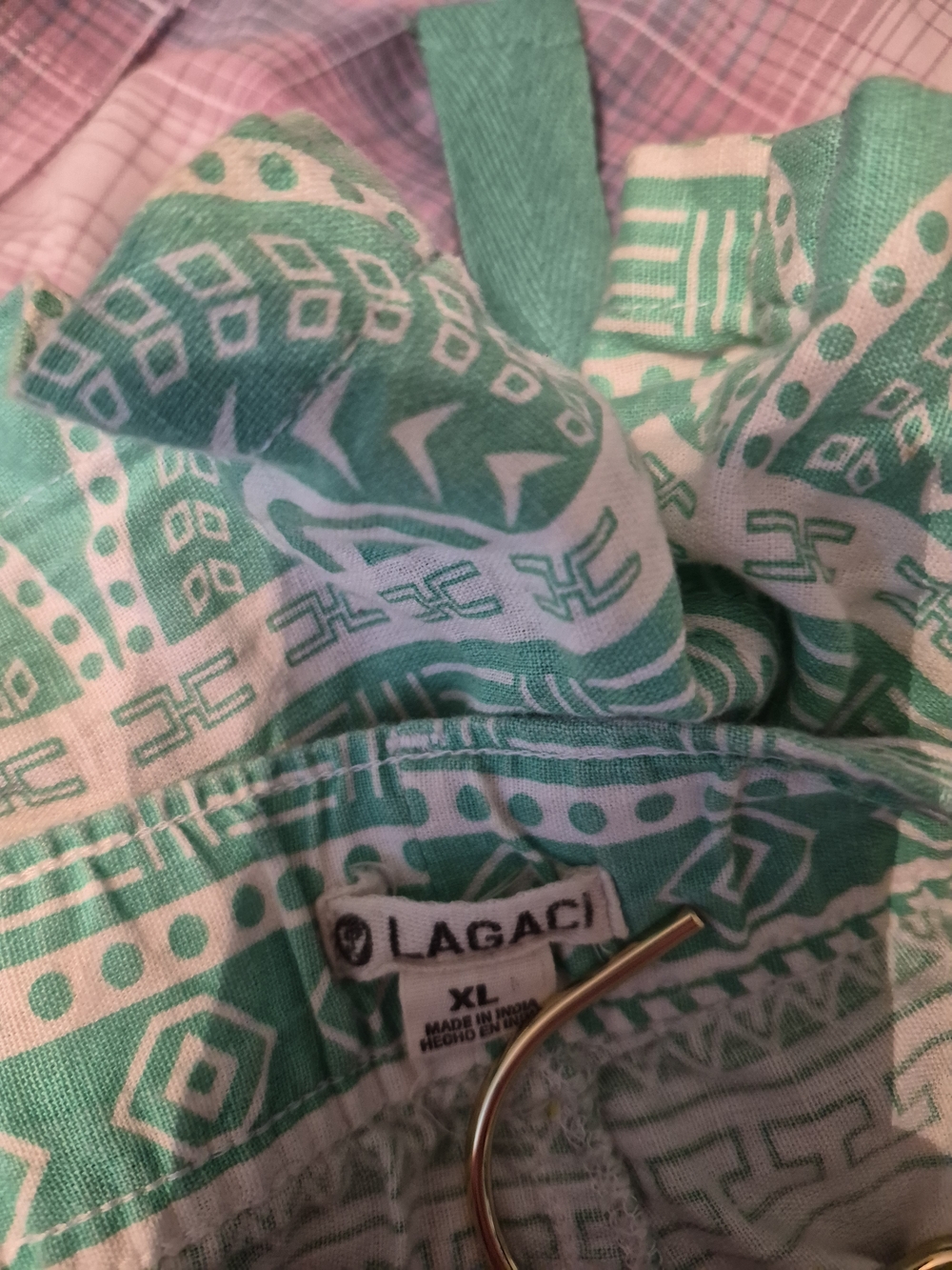 Lagaci Mint Green and White Printed Shorts with Drawstring Cotton Linen Size Xl - Picture 7 of 8